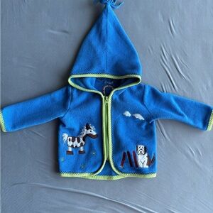 Blue Hooded Baby Jacket with Animal Embroidery